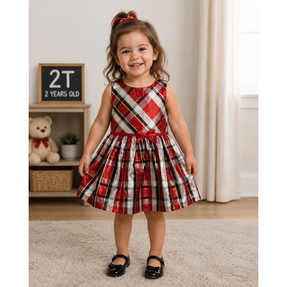 Bonnie Jean Red Plaid Holiday Dress Size 2T Metallic Party Christmas Dress